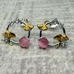 Sterling Silver (S925) Pink Stone & Ginkgo Leaf Circle Earrings